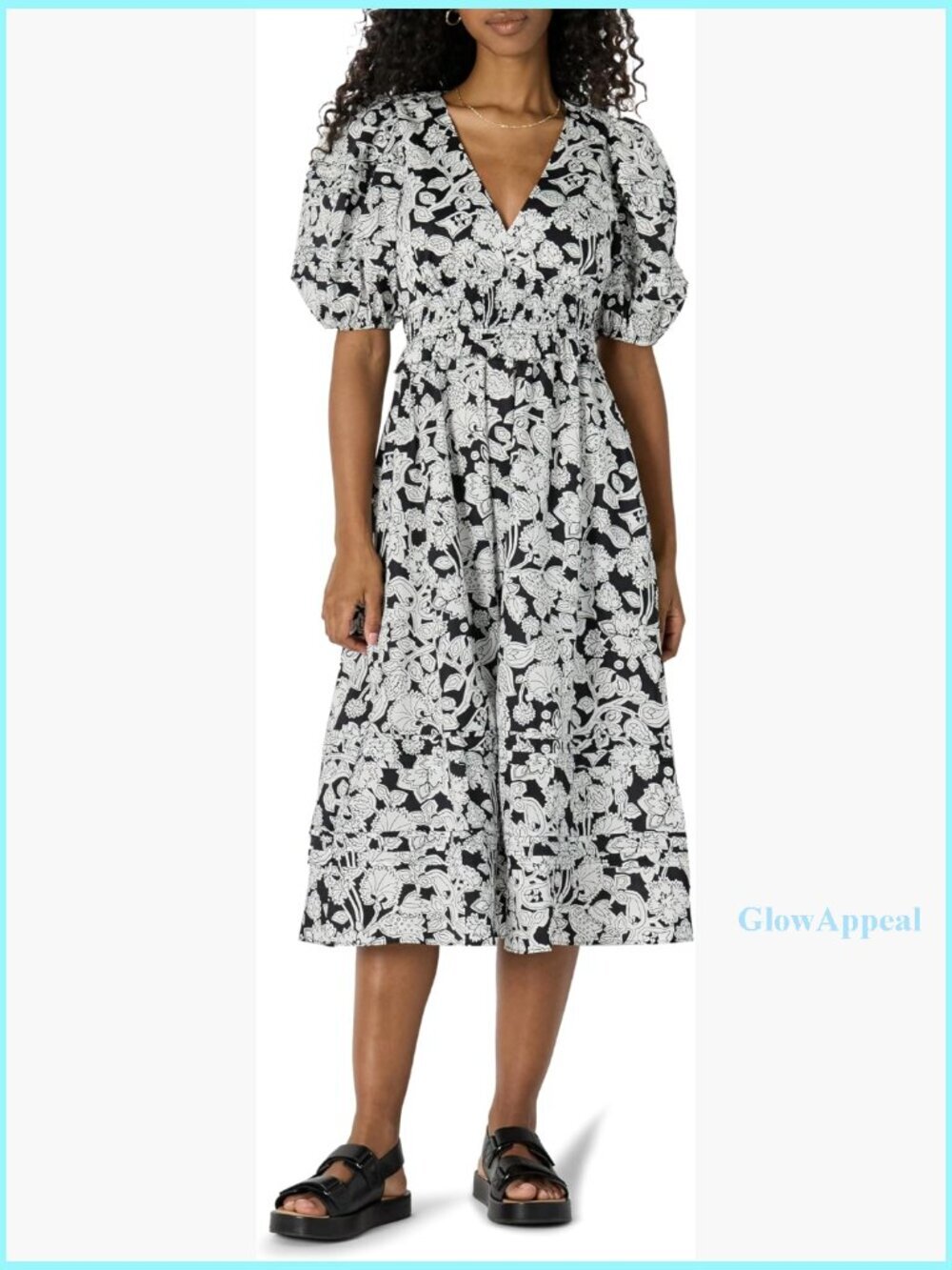 Cotton Sateen Puff Sleeve Midi Dress V-Neck Smocked Waist Casual
